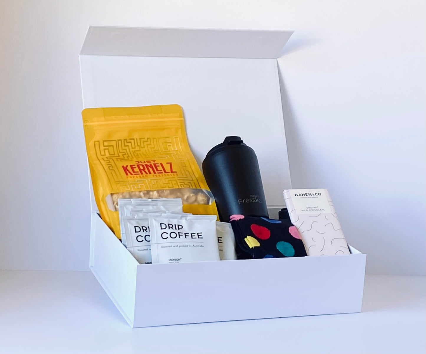 The Little Ripper Box - gift box for him with reusable coffee cup, drip bag coffee, men's socks, chocolate and popcorn - Gift Bento