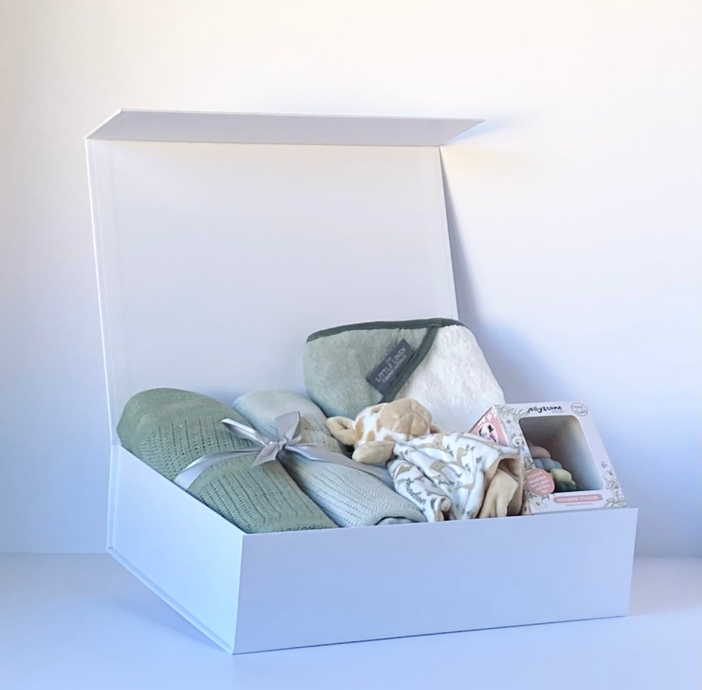 Oh Baby! - newborn baby gift box with cellular blankets, hooded towel, teether toy and comforter in neutral colours - Gift Bento