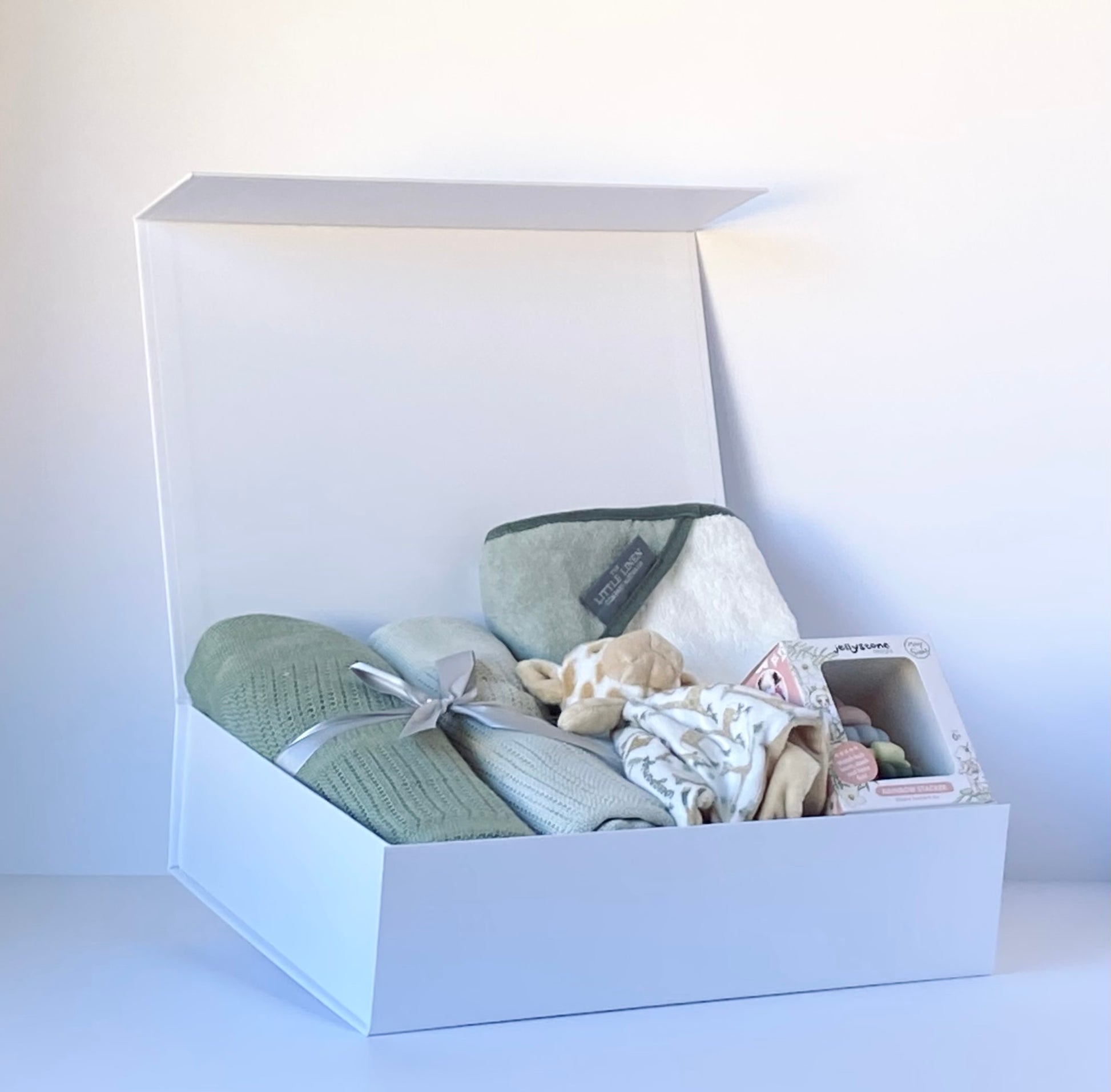 Oh Baby! - newborn baby gift box with cellular blankets, hooded towel, teether toy and comforter in neutral colours - Gift Bento
