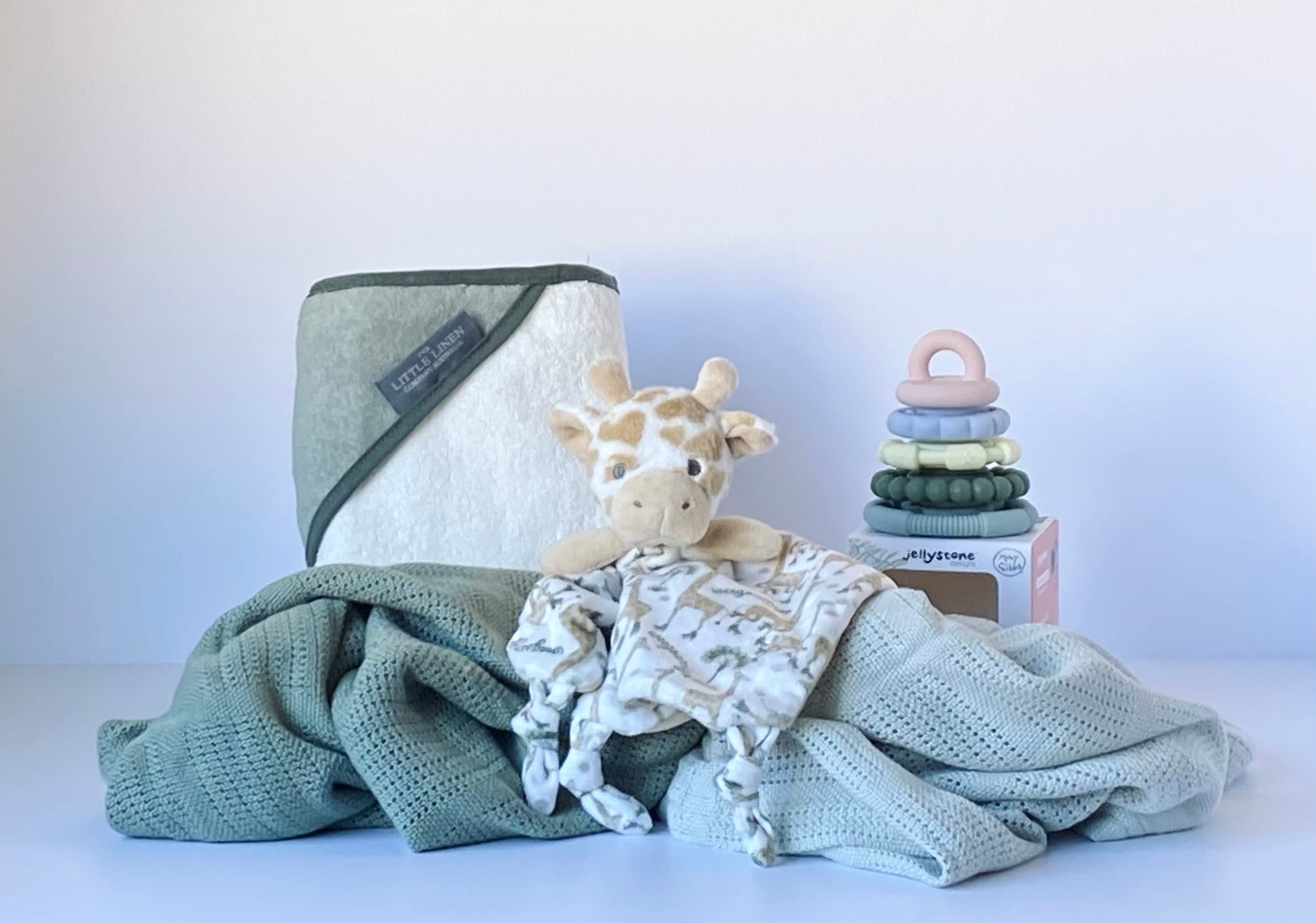 Oh Baby! - newborn baby gift box with cellular blankets, hooded towel, teether toy and comforter in neutral colours - Gift Bento