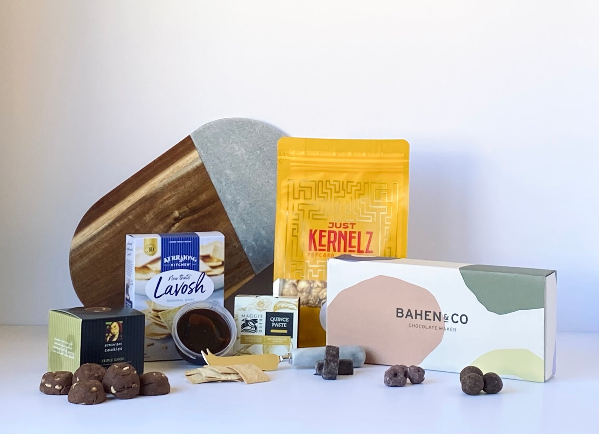 The Signature Box - premium corporate gift box with marble cheese board, cheese knife, Bahen & Co chocolate, salted caramel popcorn and gourmet treats - Gift Bento