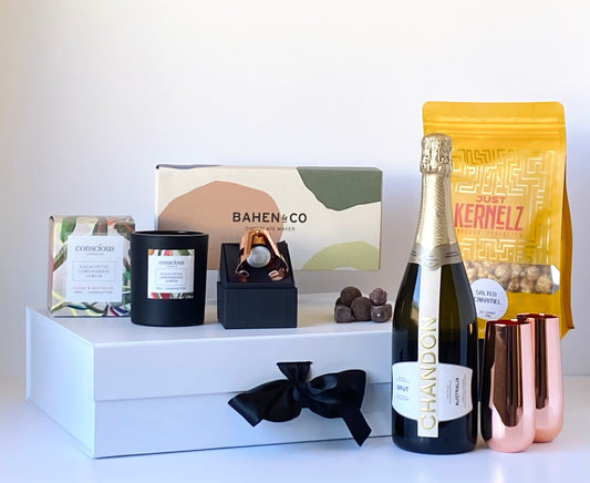 Sip Sip Hooray - celebration gift box with Chandon sparkling wine, copper champagne flutes, stopper, artisan chocolate and aromatherapy candle - Gift Bento