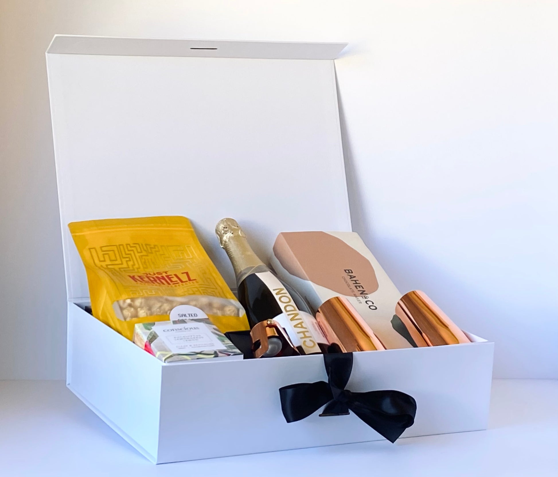 Sip Sip Hooray - celebration gift box with Chandon sparkling wine, copper champagne flutes, stopper, artisan chocolate and aromatherapy candle - Gift Bento
