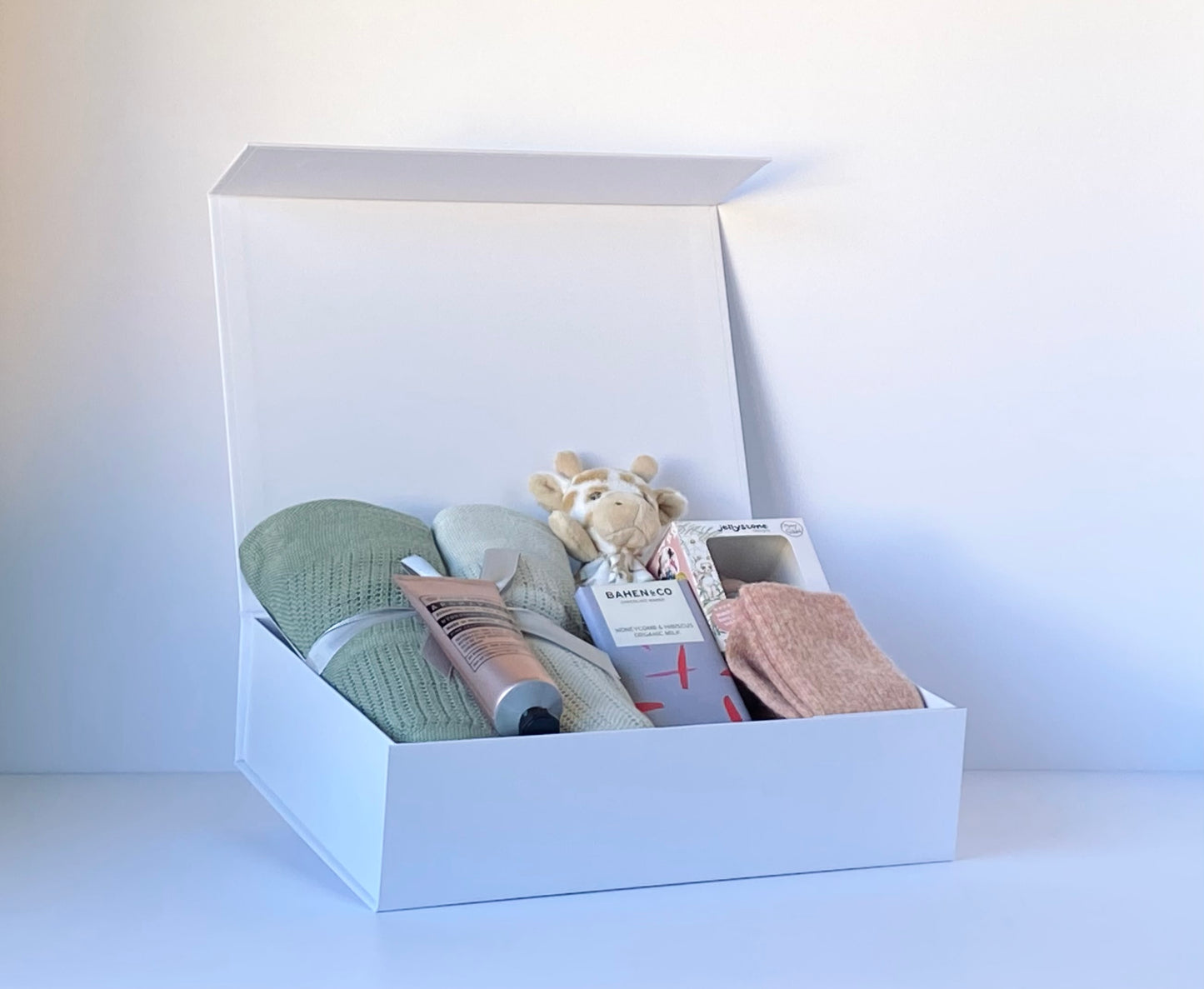 Little Love - baby and mum gift box with cellular blankets, teether toy, chocolate, hand balm and cosy socks - Gift Bento
