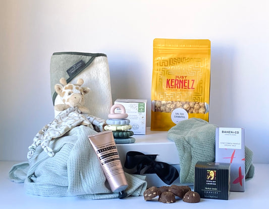 Team No Sleep - new baby gift box with blankets, hooded towel, teether toy, gourmet snacks and pampering treats - Gift Bento