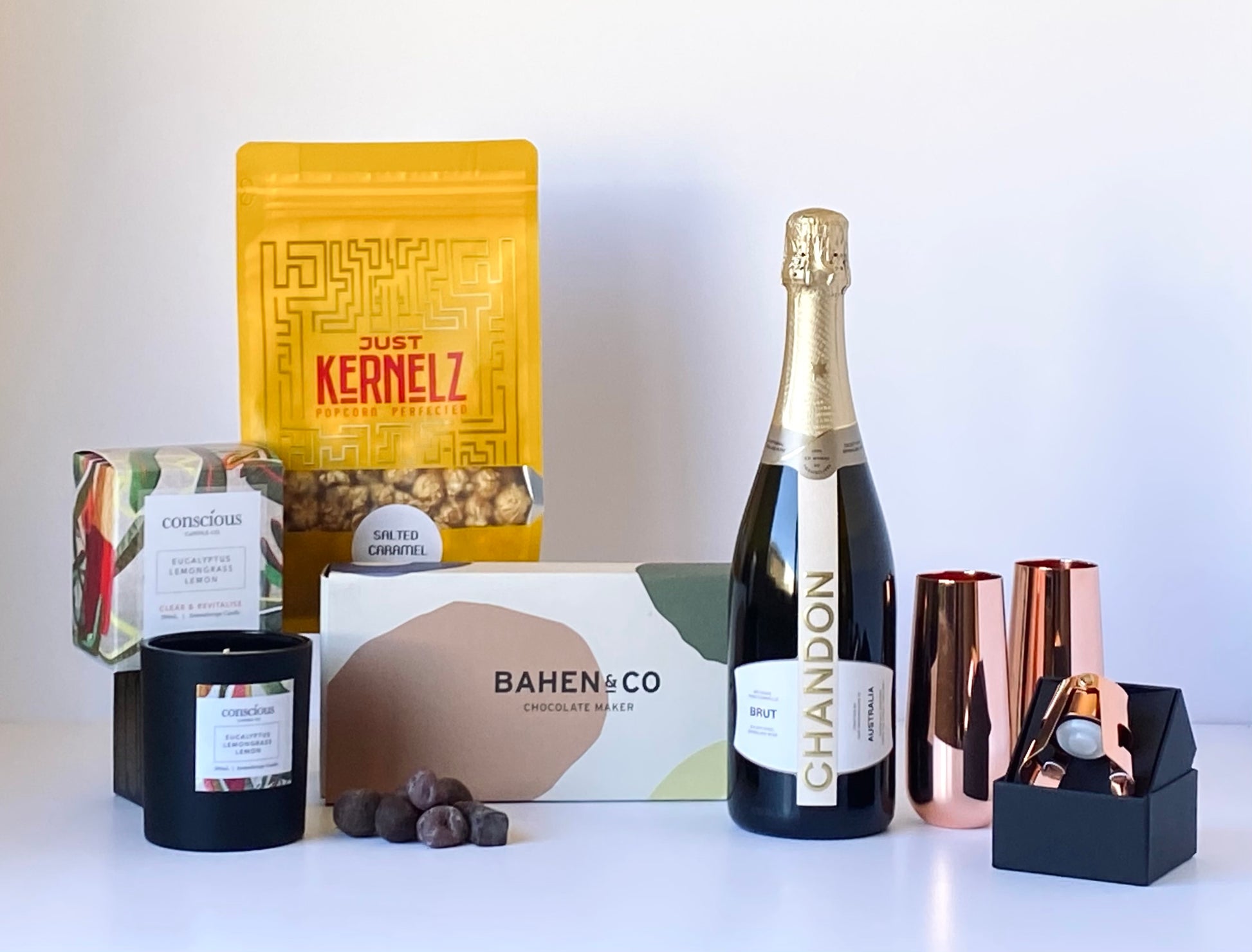 Sip Sip Hooray - celebration gift box with Chandon sparkling wine, copper champagne flutes, stopper, artisan chocolate and aromatherapy candle - Gift Bento
