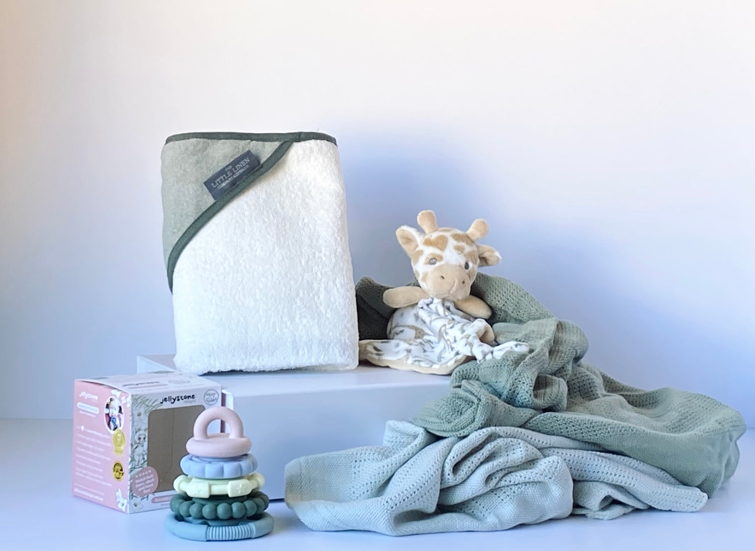 Oh Baby! - newborn baby gift box with cellular blankets, hooded towel, teether toy and comforter in neutral colours - Gift Bento