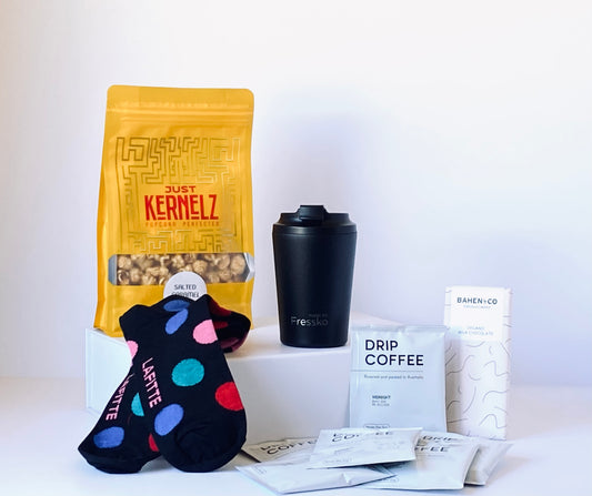 The Little Ripper Box - gift box for him with reusable coffee cup, drip bag coffee, men's socks, chocolate and popcorn - Gift Bento