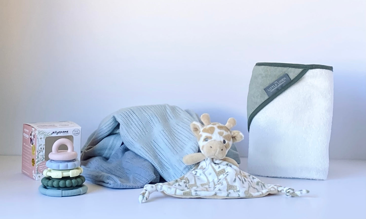 Oh Baby! Boy - baby gift box with blue cellular blankets, hooded towel, teether toy and comforter - Gift Bento