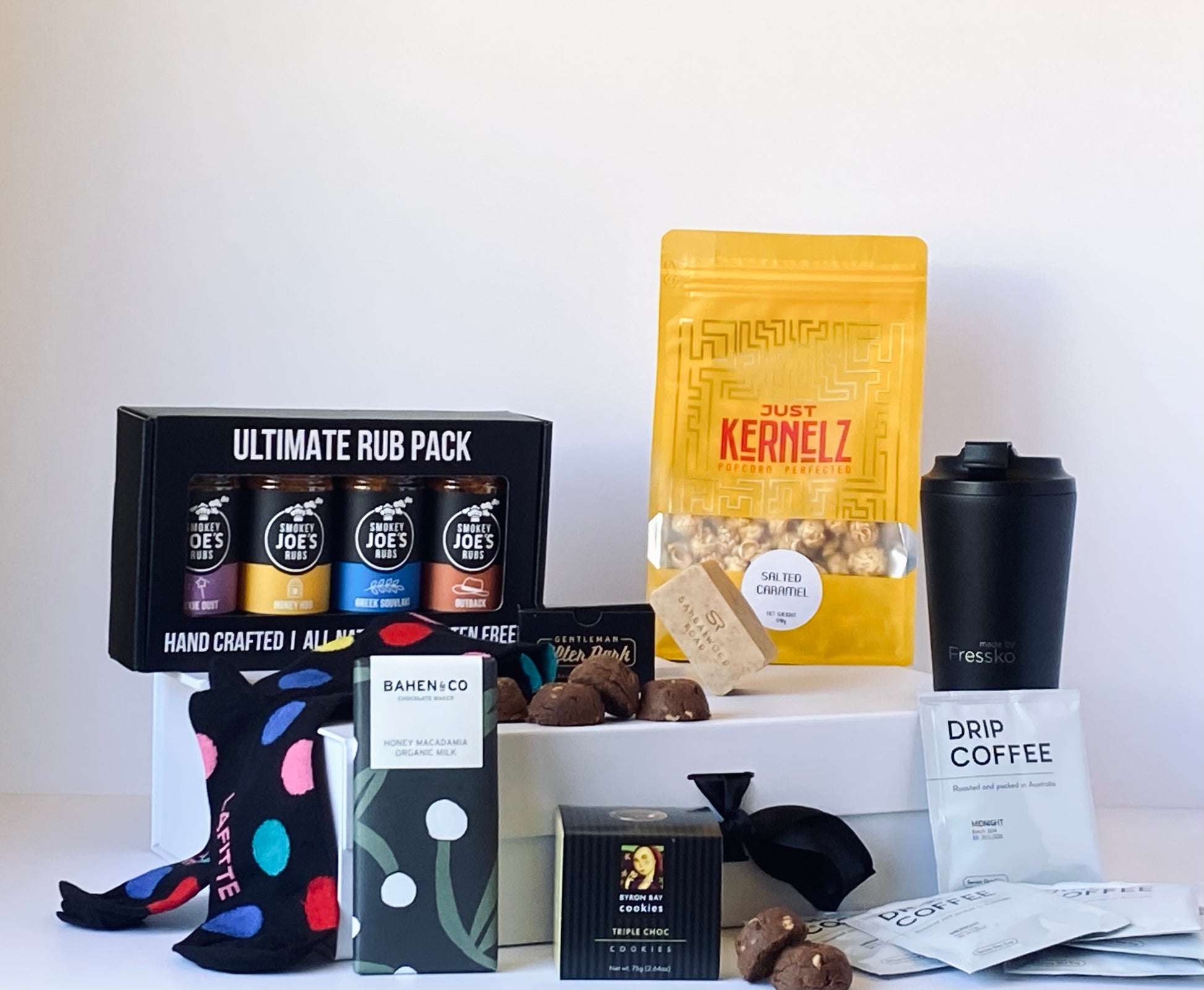 Grind & Grill - gift box for him with BBQ rub pack, reusable coffee cup, drip bag coffee, sandalwood soap and gourmet treats - Gift Bento