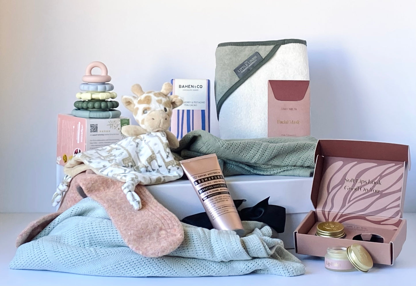 Mum & Bub Bliss - premium baby gift box with cellular blankets, hooded towel, teether, skincare, chocolate and cosy socks - Gift Bento