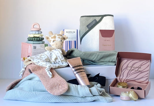 Mum & Bub Bliss - premium baby gift box with cellular blankets, hooded towel, teether, skincare, chocolate and cosy socks - Gift Bento