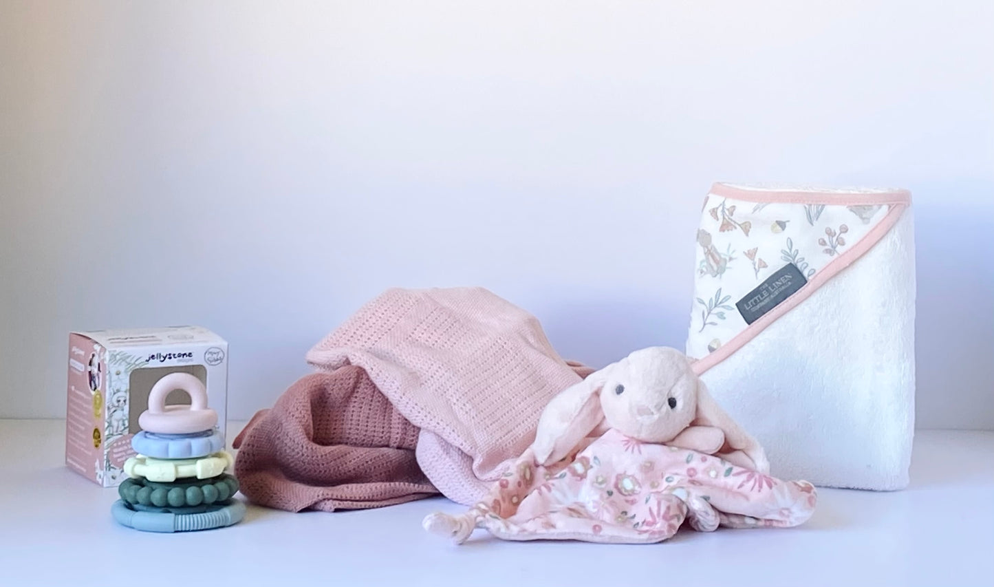 Mum & Bub Bliss Girl - baby gift box with pink blankets, hooded towel, skincare treats and artisan chocolate - Gift Bento