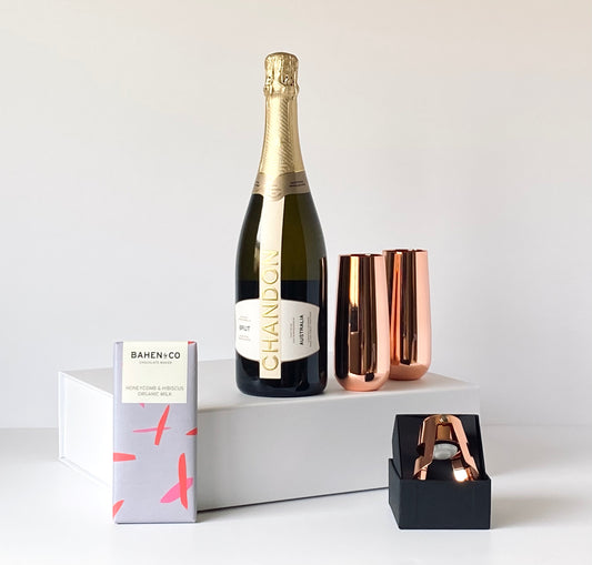 The Golden Toast - Chandon sparkling wine, copper champagne flutes, copper stopper and Bahen & Co chocolate with white magnetic gift box - Gift Bento