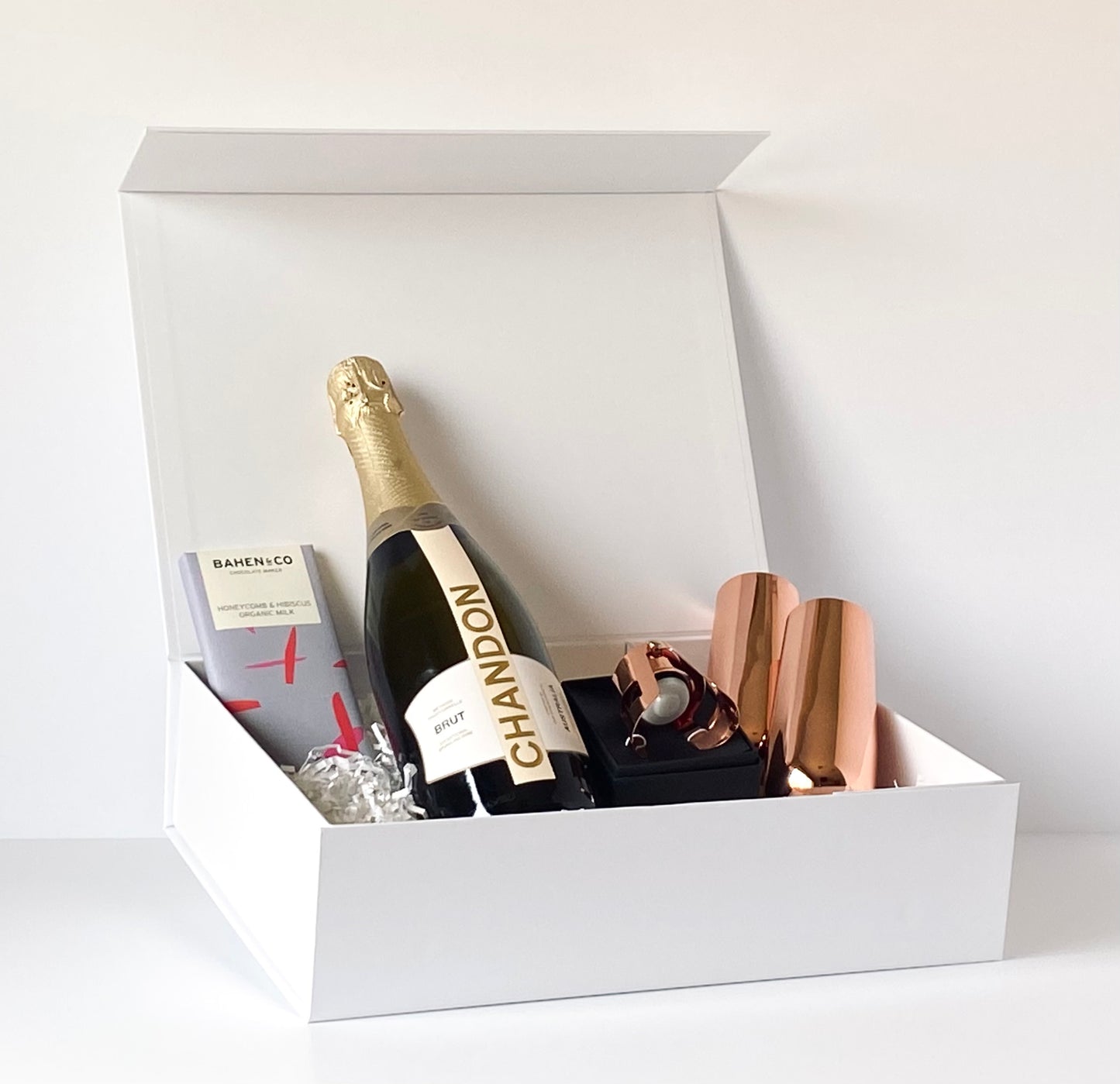 The Golden Toast - gift box contents arranged inside open white magnetic box, angled front view - Gift Bento