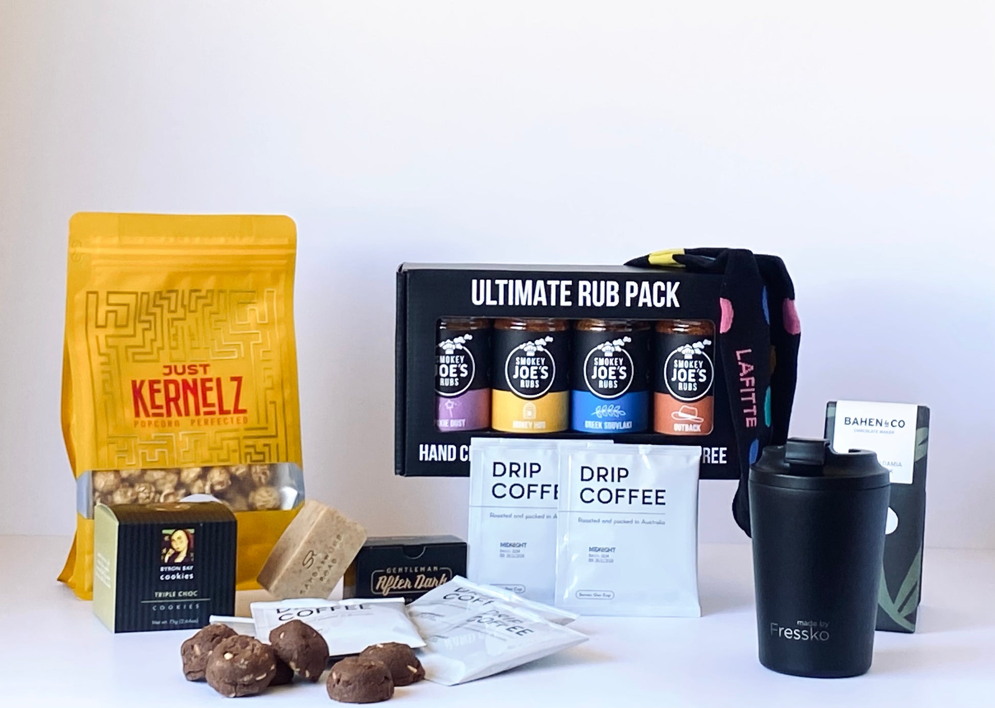 Grind & Grill - gift box for him with BBQ rub pack, reusable coffee cup, drip bag coffee, sandalwood soap and gourmet treats - Gift Bento