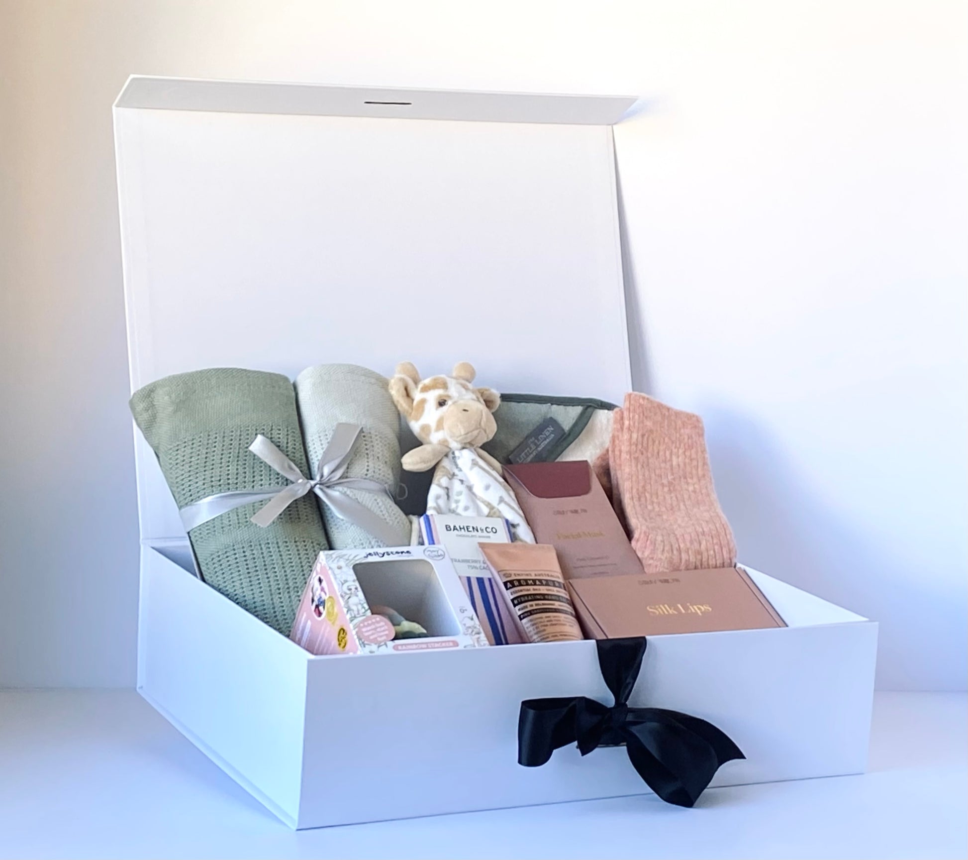 Mum & Bub Bliss - premium baby gift box with cellular blankets, hooded towel, teether, skincare, chocolate and cosy socks - Gift Bento