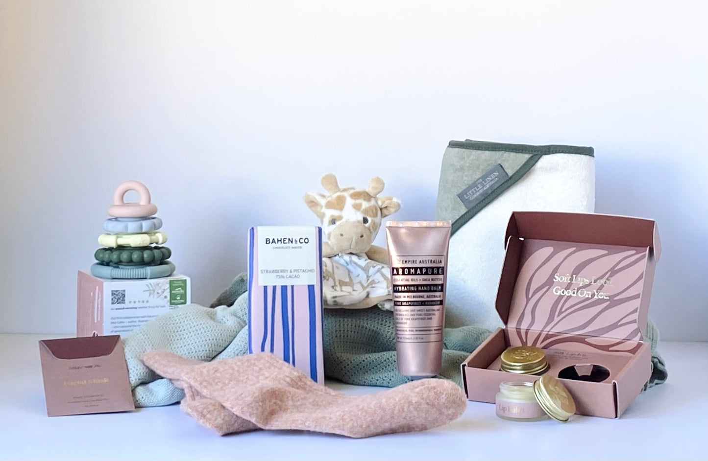 Mum & Bub Bliss - premium baby gift box with cellular blankets, hooded towel, teether, skincare, chocolate and cosy socks - Gift Bento
