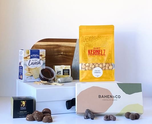 The Signature Box - premium corporate gift box with marble cheese board, cheese knife, Bahen & Co chocolate, salted caramel popcorn and gourmet treats - Gift Bento