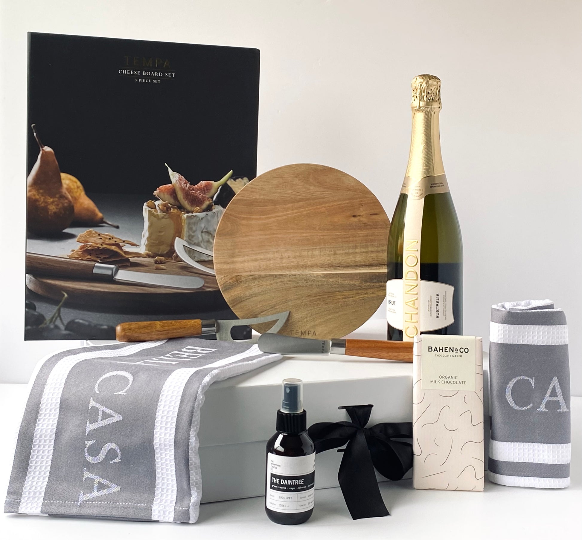 Gather & Graze - Chandon sparkling wine, Tempa Fromagerie cheese set, Ladelle kitchen towels and Bahen & Co chocolate on white magnetic gift box - Gift Bento