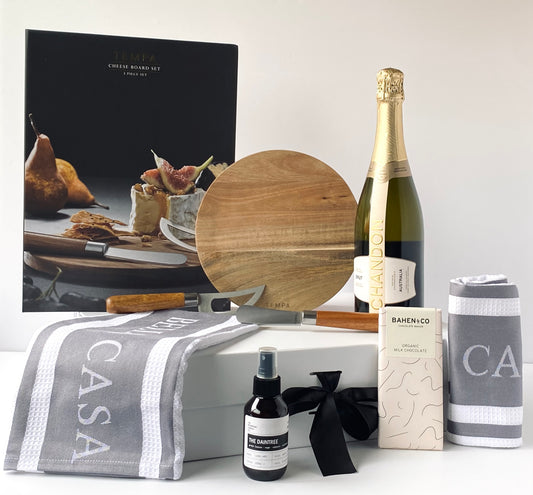 Gather & Graze - Chandon sparkling wine, Tempa Fromagerie cheese set, Ladelle kitchen towels and Bahen & Co chocolate on white magnetic gift box - Gift Bento