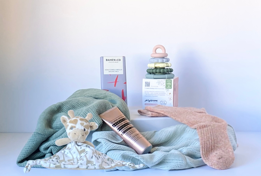 Little Love - baby and mum gift box with cellular blankets, teether toy, chocolate, hand balm and cosy socks - Gift Bento