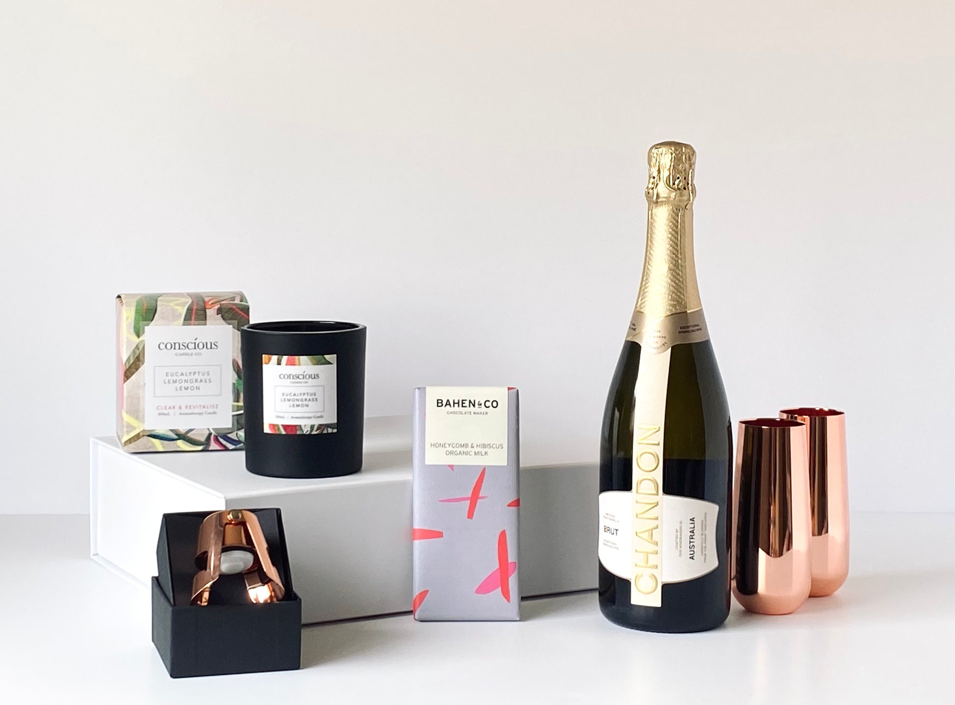 The Luxe Celebration - Chandon sparkling wine, copper champagne flutes, copper stopper, aromatherapy candle and Bahen & Co chocolate with white magnetic gift box - Gift Bento