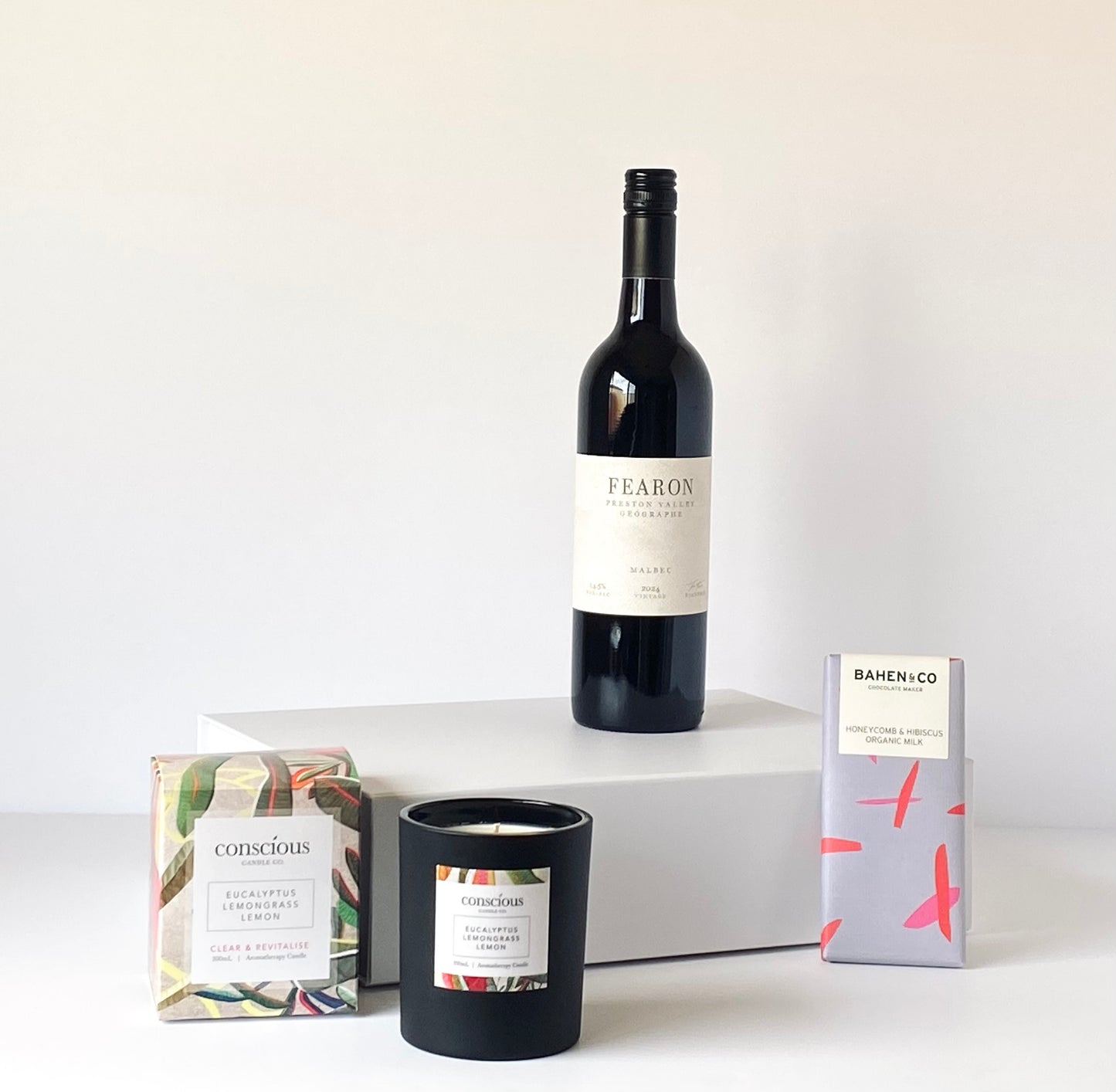 The Wine Lovers Indulgence - Fearon Wines Malbec on white magnetic gift box with aromatherapy candle and artisan chocolate - Gift Bento