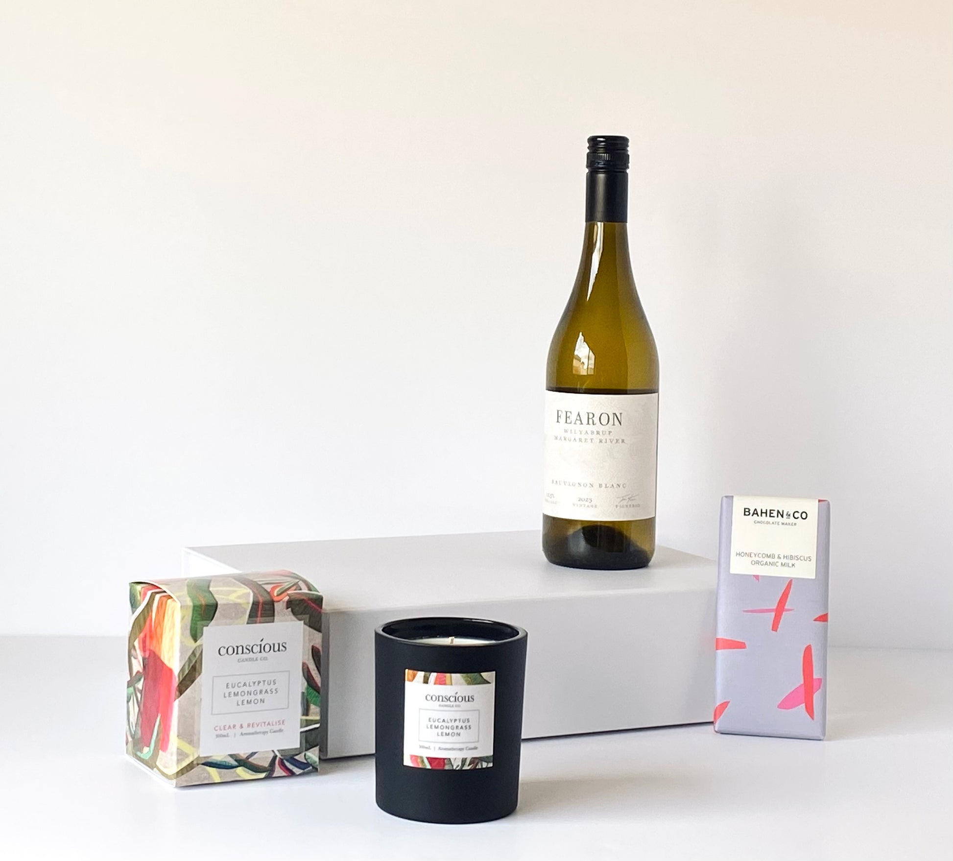 The Wine Lovers Indulgence - Fearon Wines Sauvignon Blanc on white magnetic gift box with aromatherapy candle and Bahen & Co chocolate - Gift Bento
