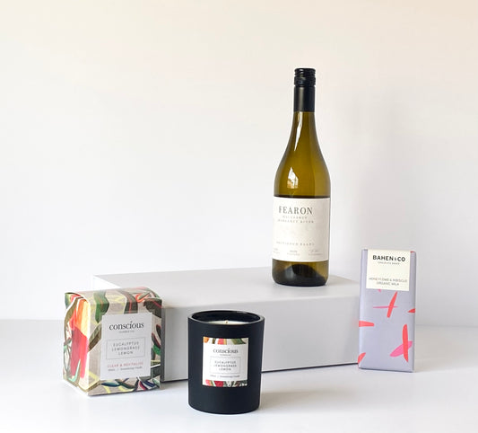 The Wine Lovers Indulgence - Fearon Wines Sauvignon Blanc on white magnetic gift box with aromatherapy candle and Bahen & Co chocolate - Gift Bento