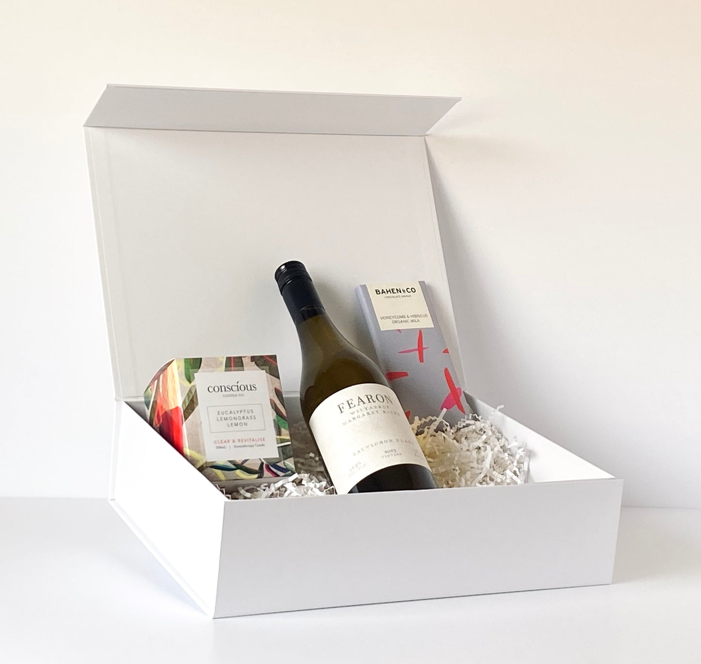 The Wine Lovers Indulgence - gift box contents arranged inside open white magnetic box, angled front view - Gift Bento